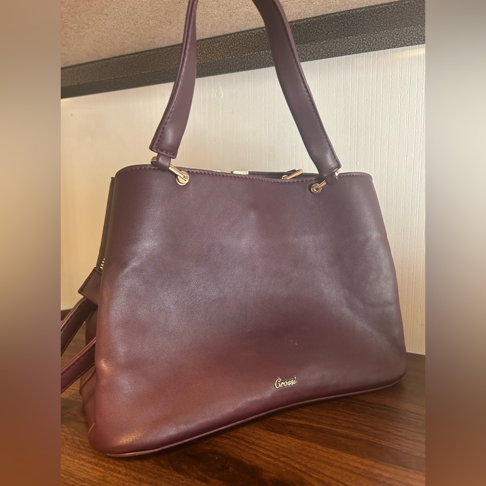 Burgundy Structured Satchel Bag Gold V Top Handle Crossbody Purse - Picture 10 of 12